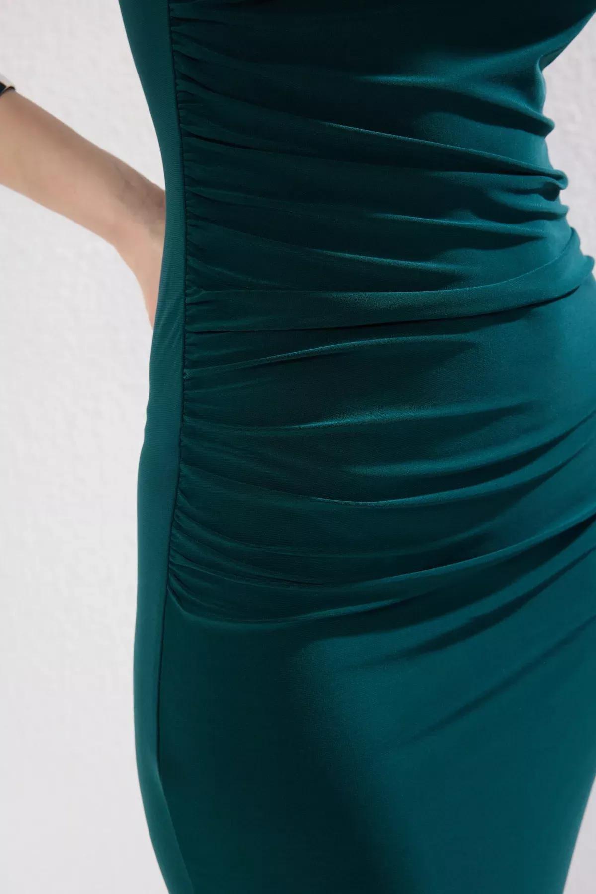 Green Plain One Shoulder Knit Dress, , large image number 2