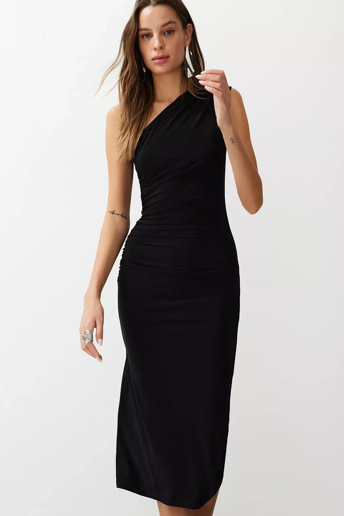 Black One-Shoulder Draped Midi Dress, BLACK, large image number 1
