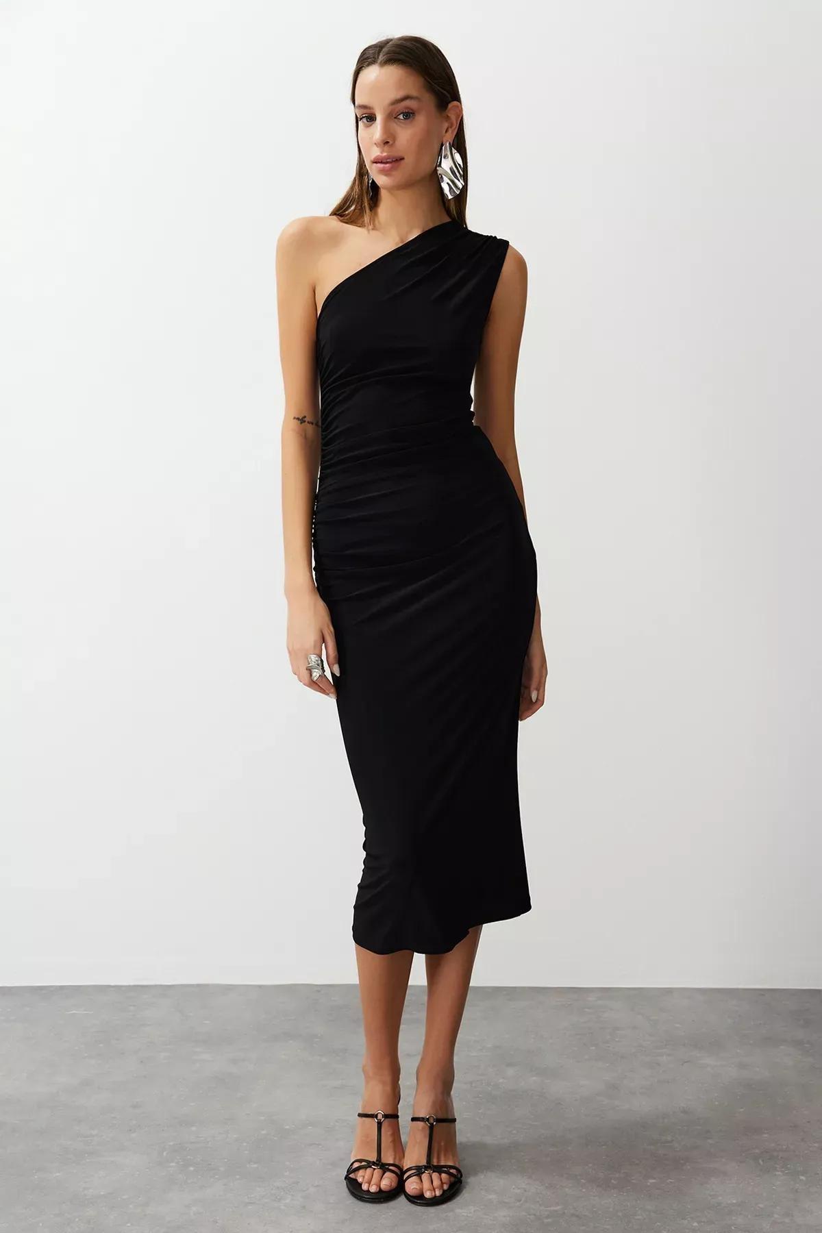 Black One-Shoulder Draped Midi Dress, BLACK, large image number 2