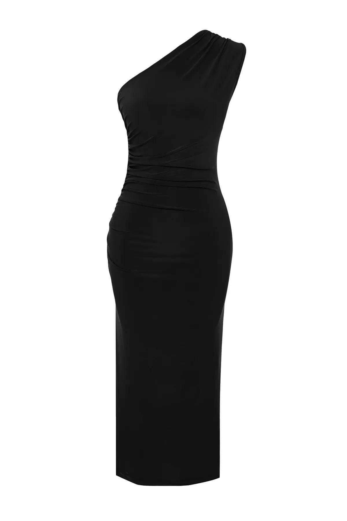 Black One-Shoulder Draped Midi Dress, BLACK, large image number 5