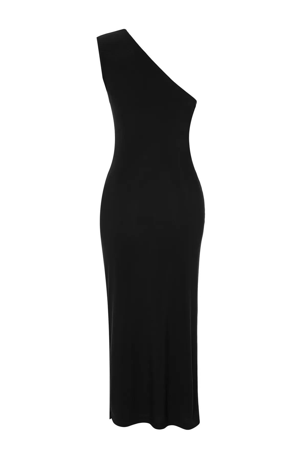 Black One-Shoulder Draped Midi Dress, BLACK, large image number 6