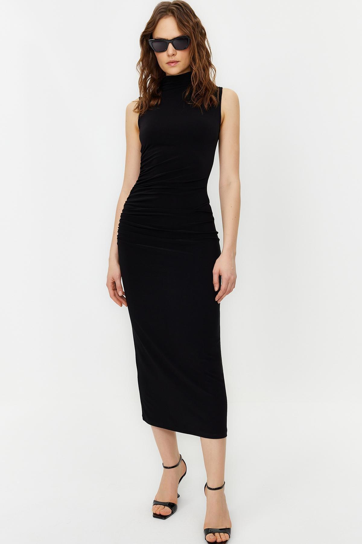 Black Draped Fitted Maxi Stretchy Dress, , large image number 0