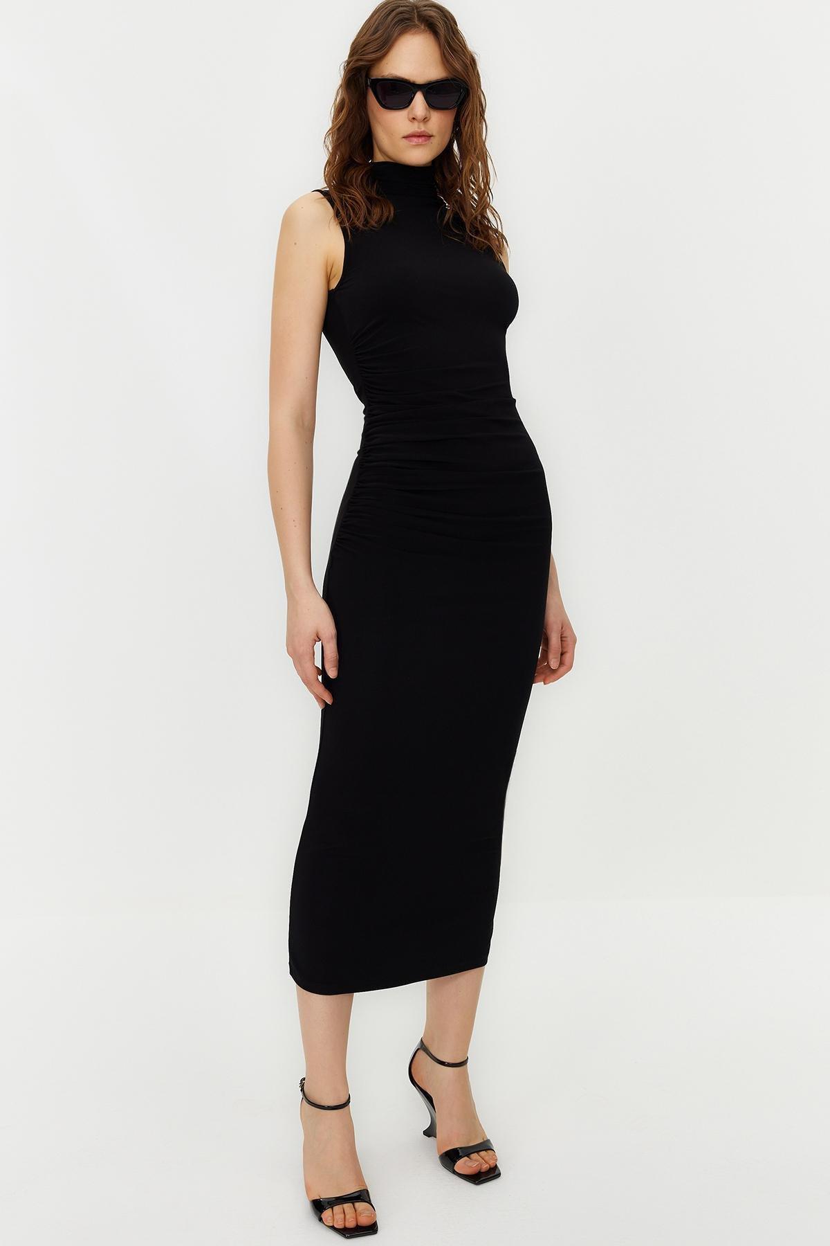 Black Draped Fitted Maxi Stretchy Dress, , large image number 1