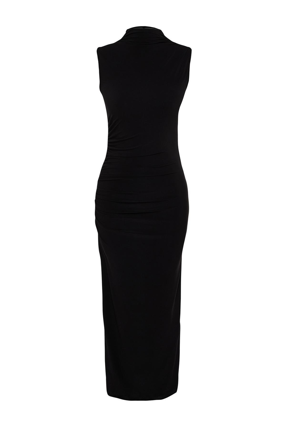 Black Draped Fitted Maxi Stretchy Dress, , large image number 5