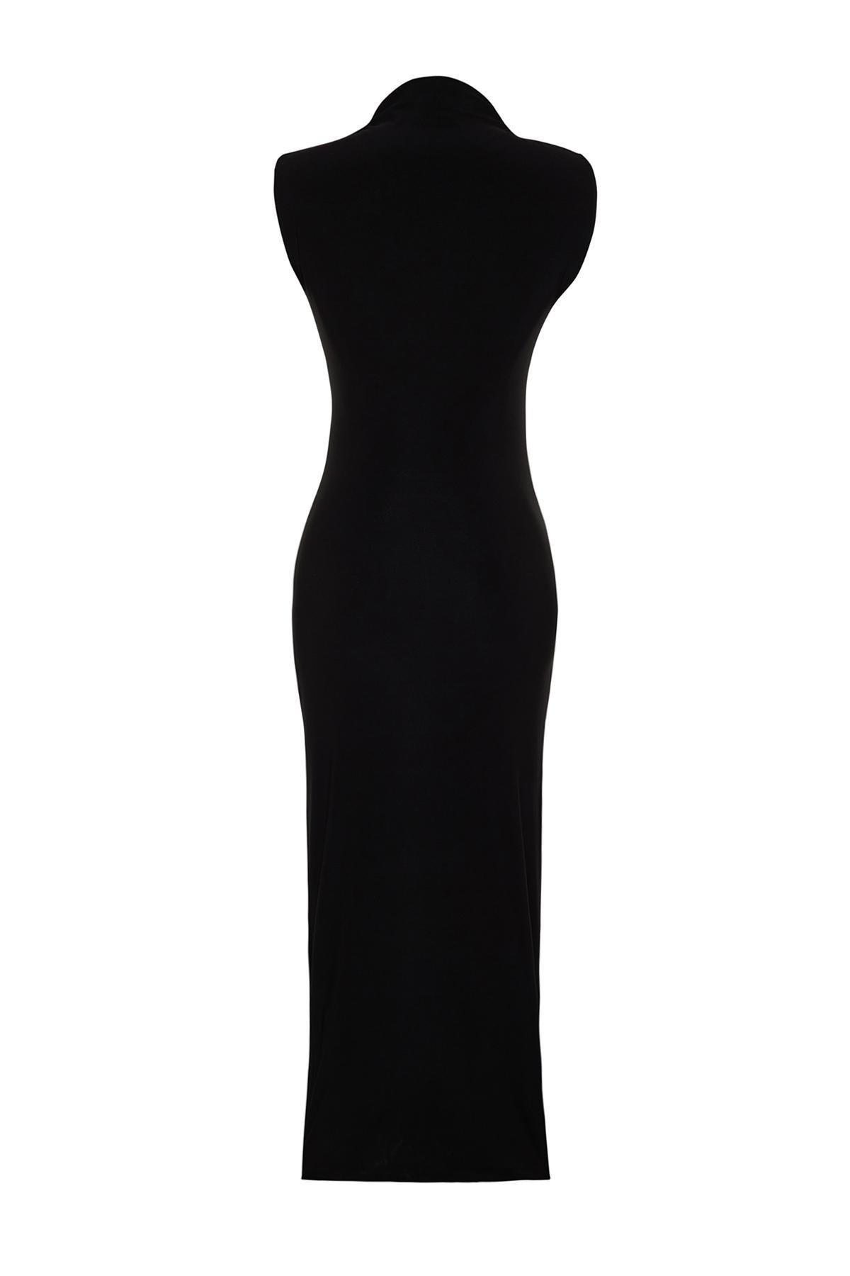 Black Draped Fitted Maxi Stretchy Dress, , large image number 6