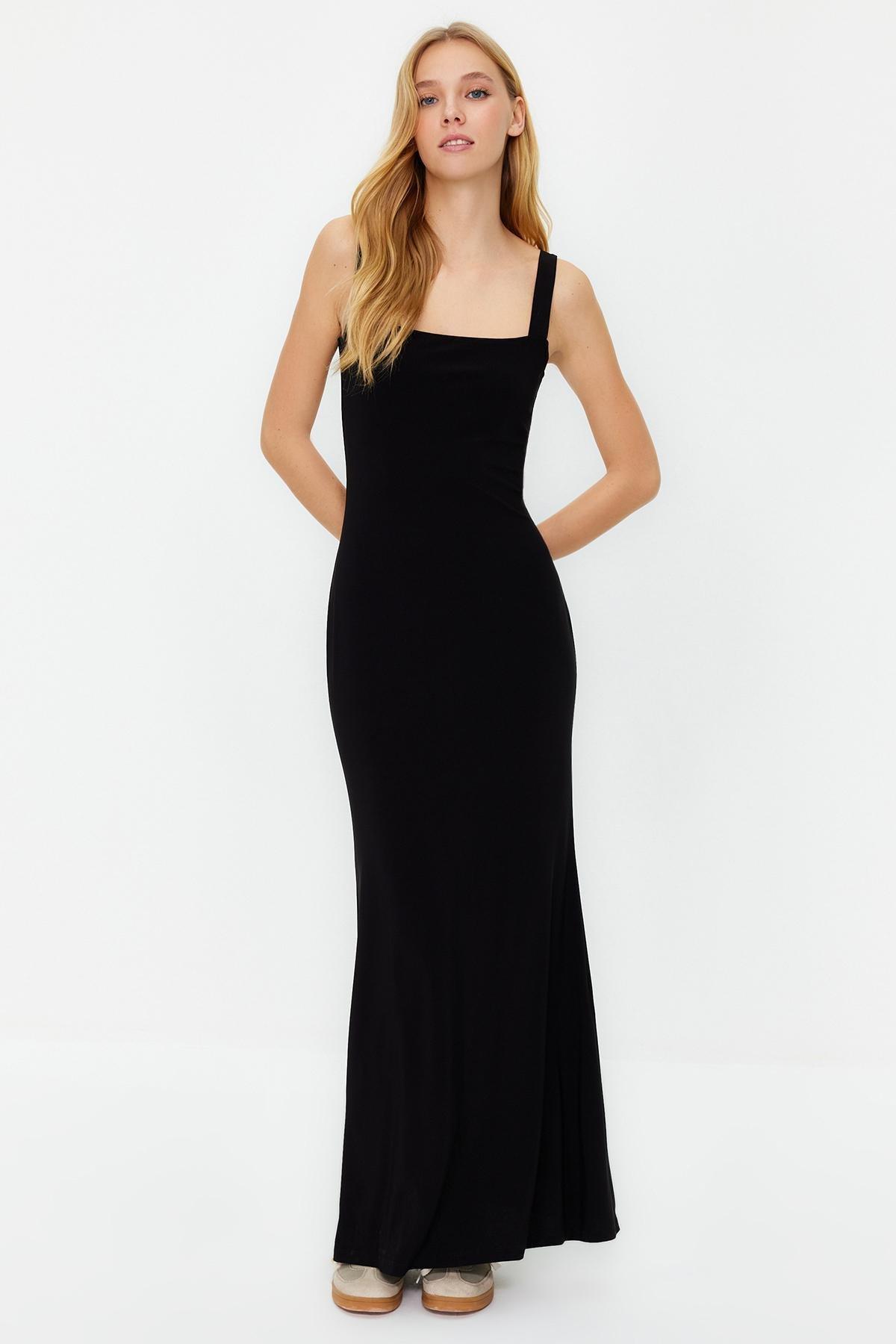 Black Thick Strap Knitted Maxi Dress, , large image number 0