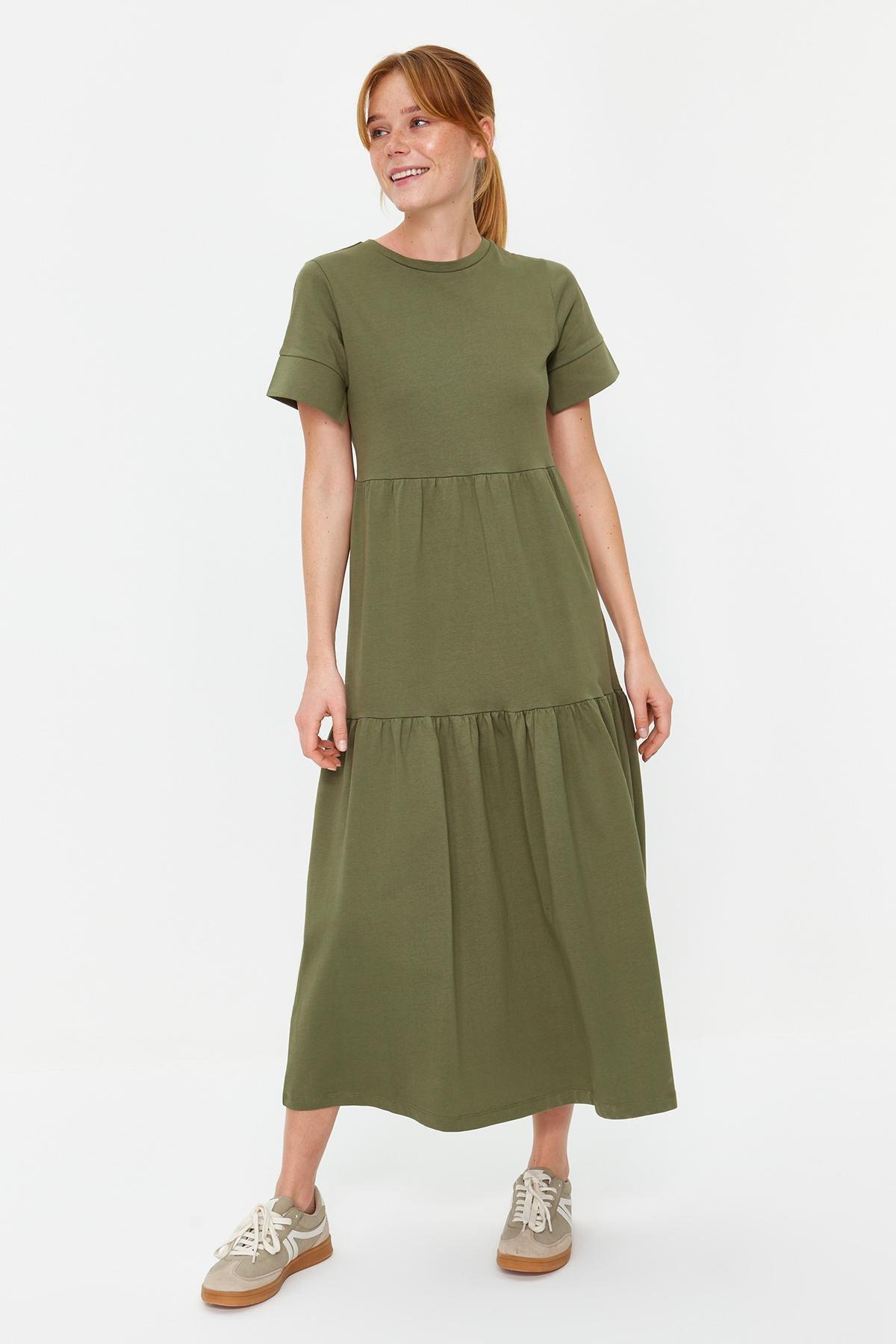 Khaki Ruffled Maxi Knitted Dress, , large image number 0