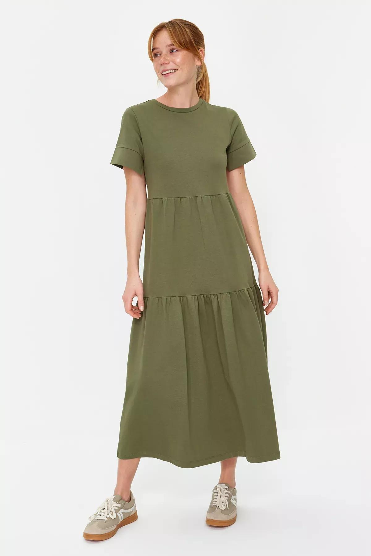 Khaki Ruffled Maxi Knitted Dress, Khaki, medium