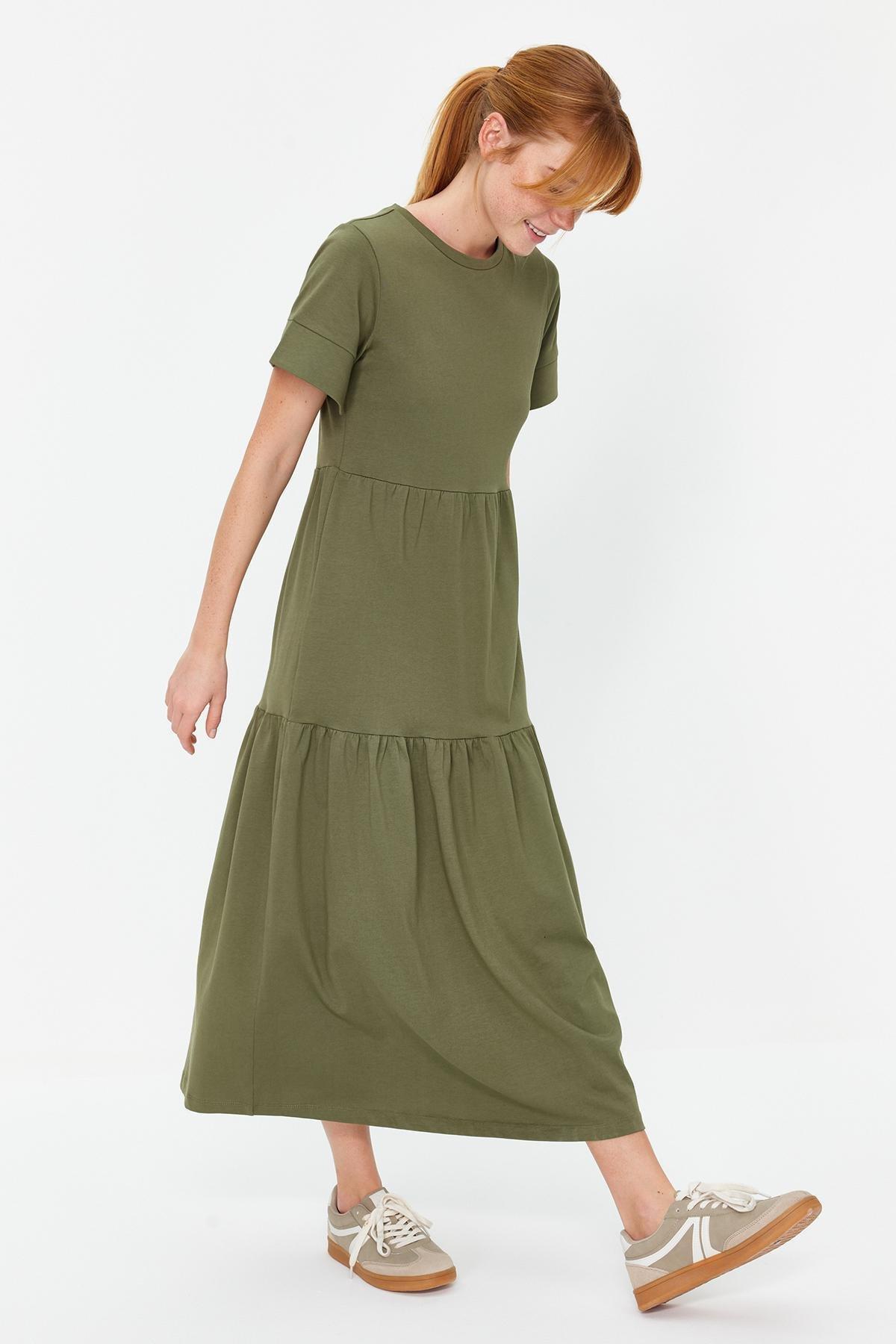 Khaki Ruffled Maxi Knitted Dress, , large image number 1