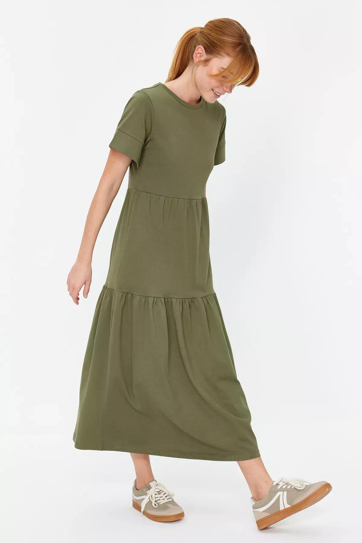 Khaki Ruffled Maxi Knitted Dress, Khaki, large image number 1