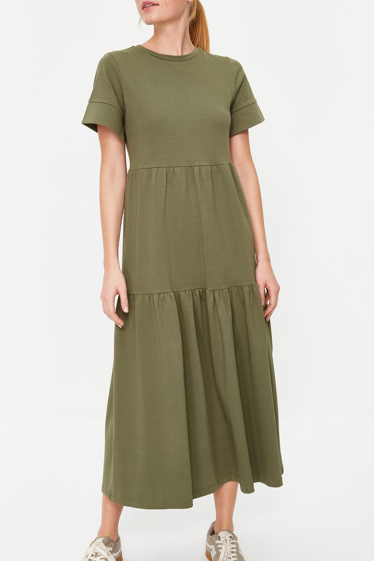 Khaki Ruffled Maxi Knitted Dress, , large image number 2