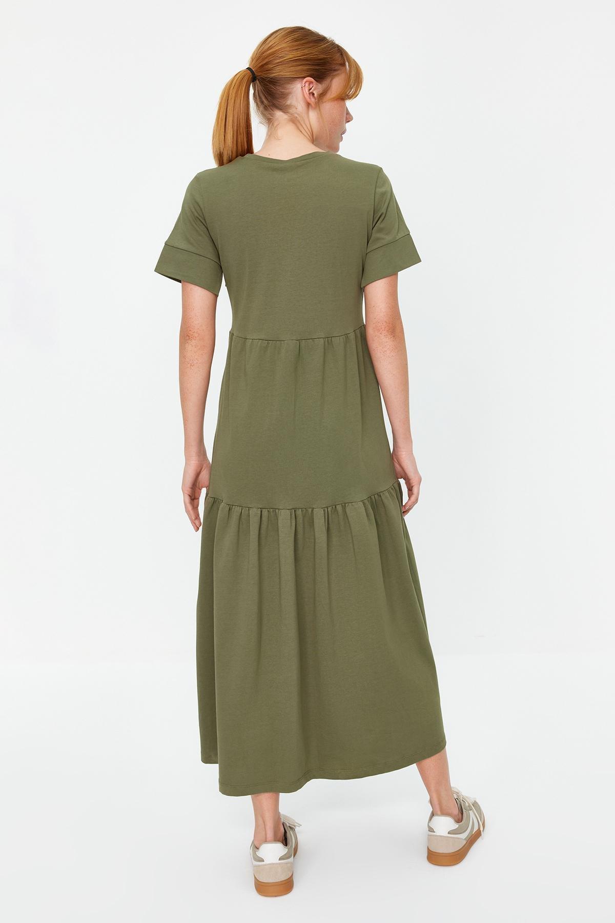 Khaki Ruffled Maxi Knitted Dress, , large image number 4