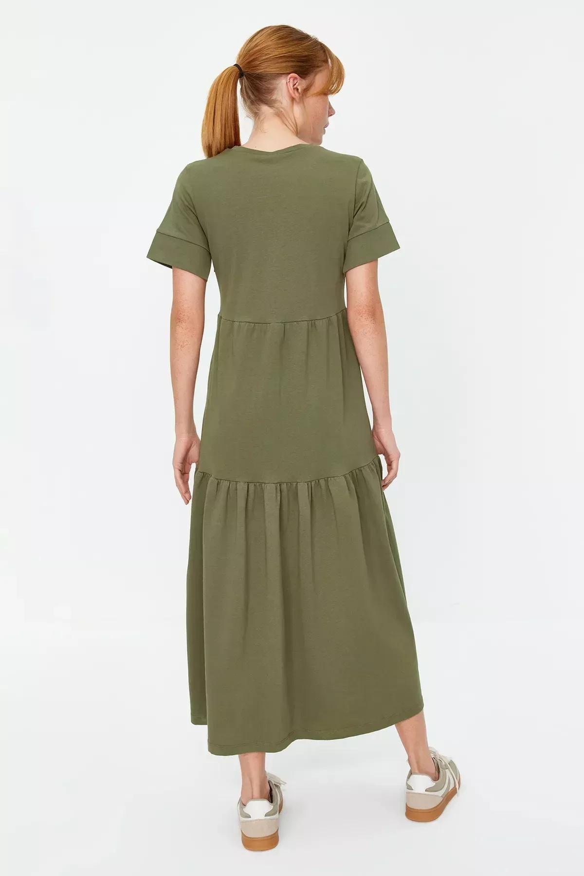Khaki Ruffled Maxi Knitted Dress, Khaki, large image number 4