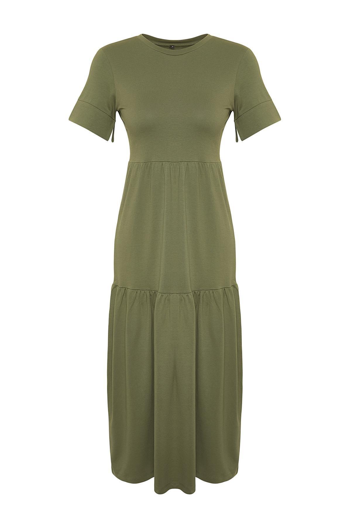 Khaki Ruffled Maxi Knitted Dress, , large image number 5