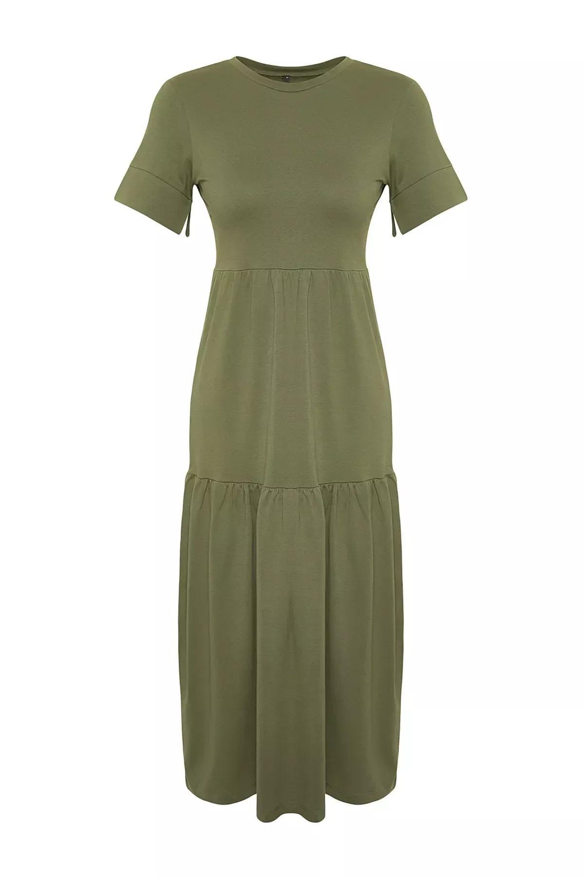 Khaki Ruffled Maxi Knitted Dress, Khaki, large image number 5
