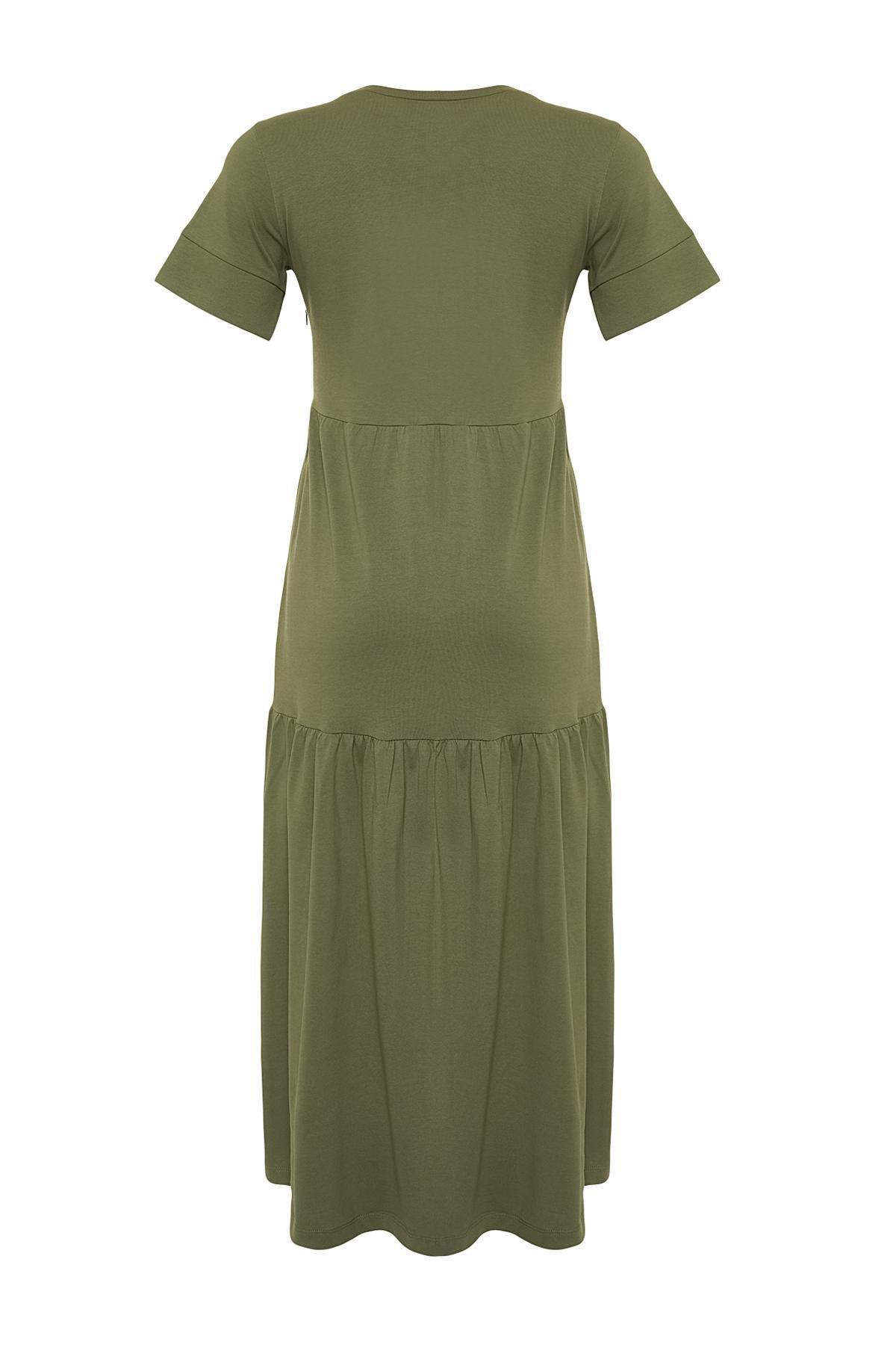 Khaki Ruffled Maxi Knitted Dress, , large image number 6