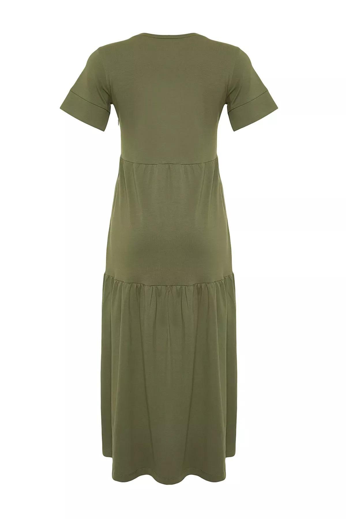 Khaki Ruffled Maxi Knitted Dress, Khaki, large image number 6