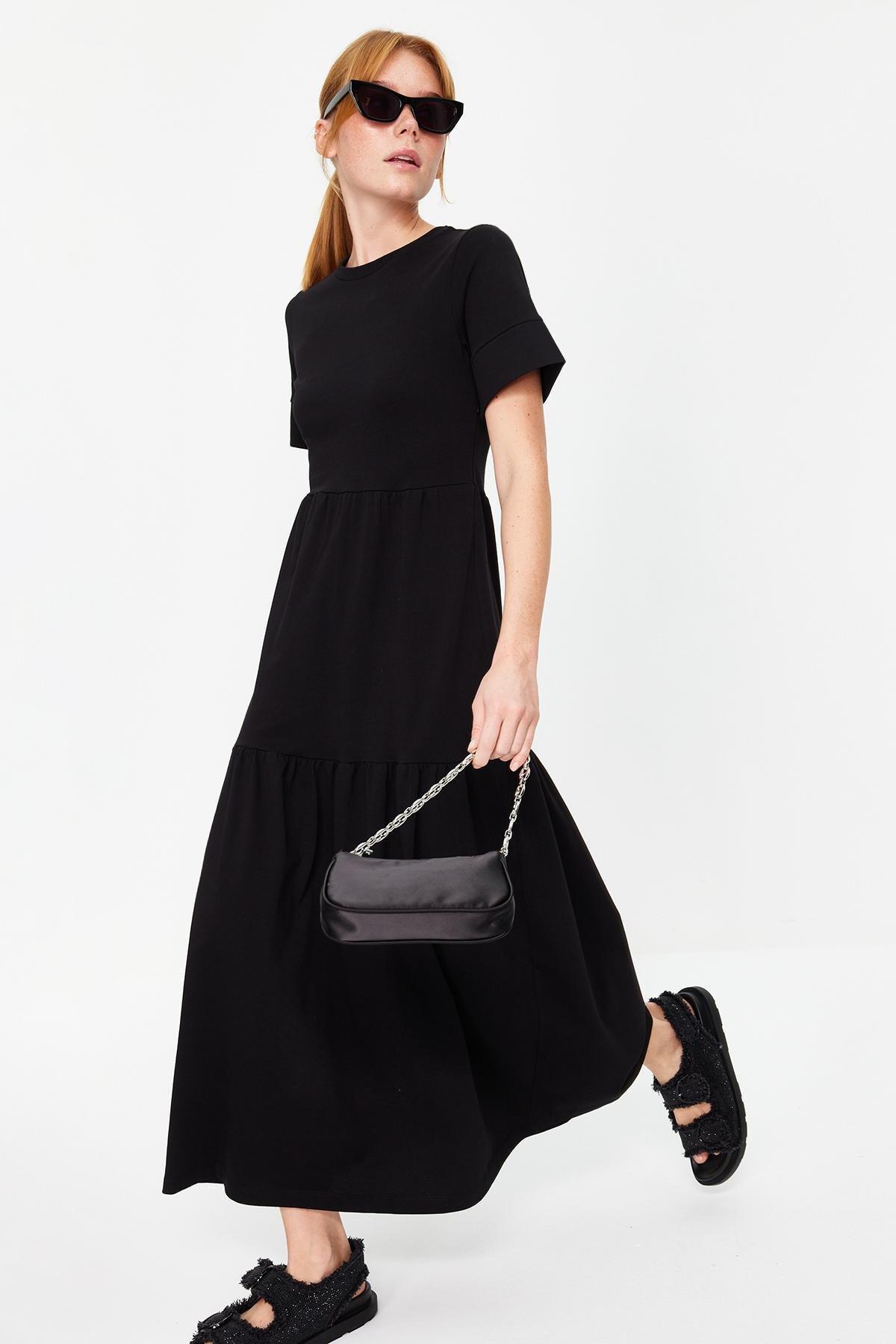 Black Crew Neck Knitted Dress, BLACK, large image number 0