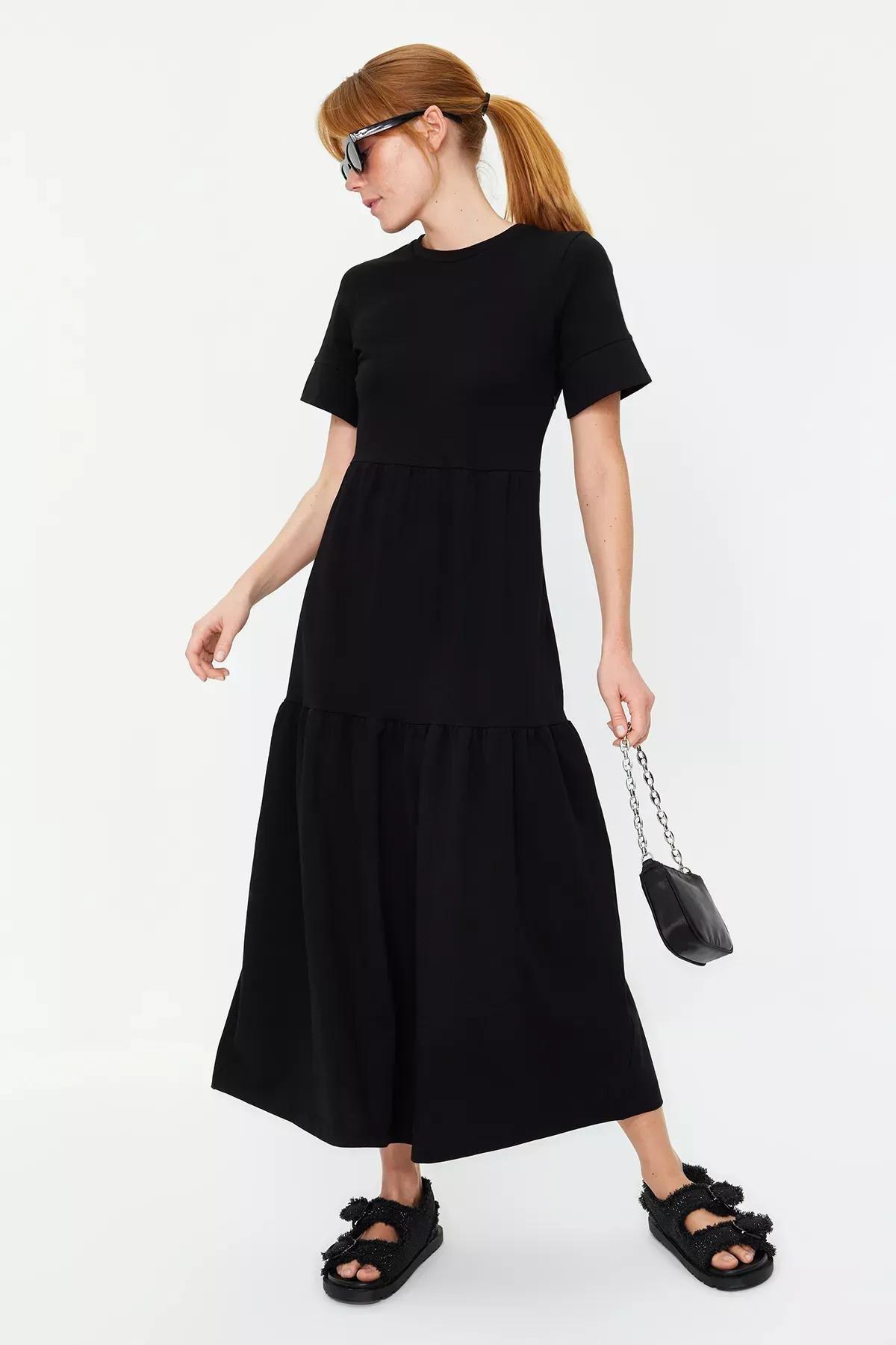 Black Crew Neck Knitted Dress, BLACK, large image number 1