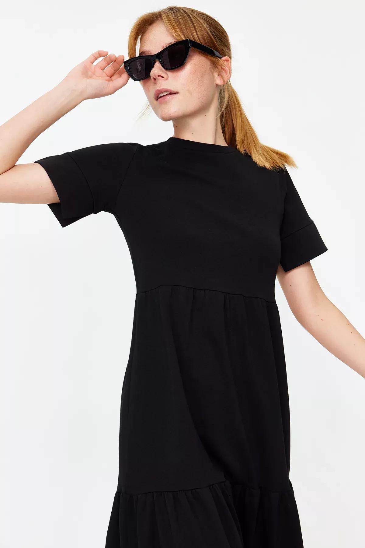 Black Crew Neck Knitted Dress, BLACK, large image number 3