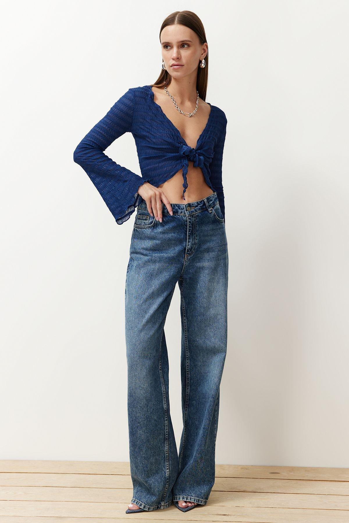 Indigo Knot Tie Front Blouse, , large image number 0