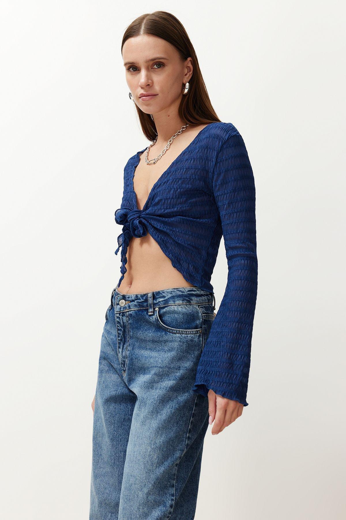 Indigo Knot Tie Front Blouse, , large image number 1