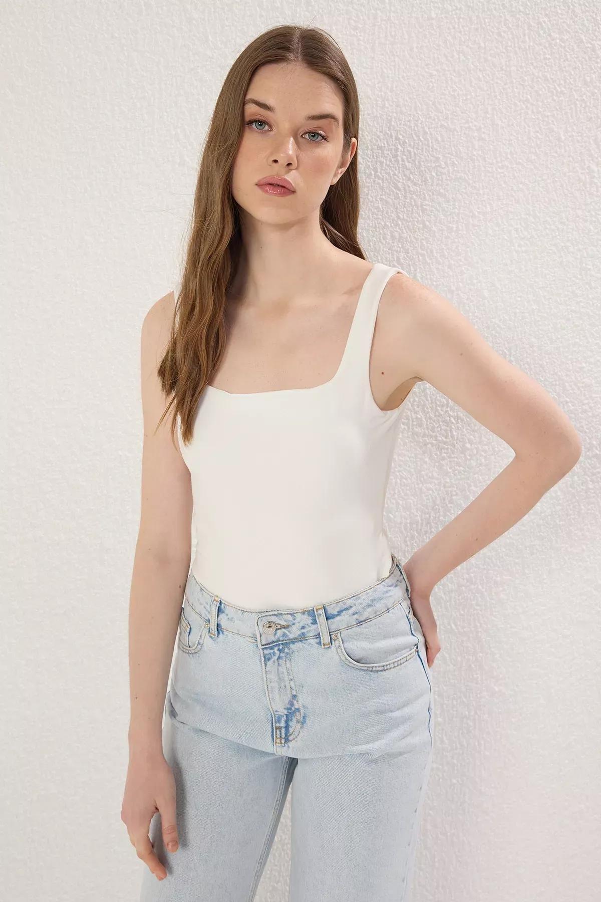Beige Square Neck Snap Bodysuit, , large image number 1