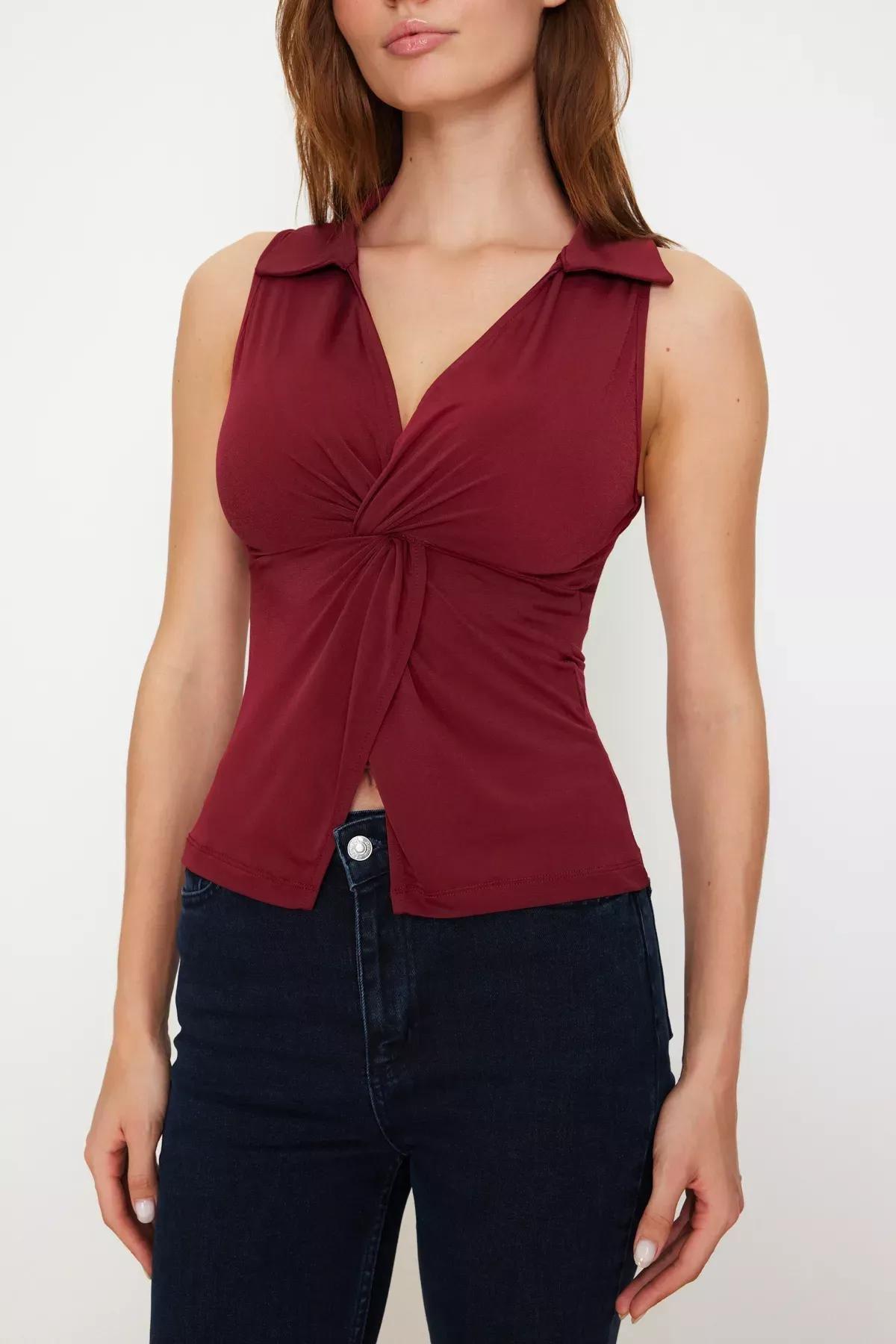 Burgundy Polo Neck Knitted Blouse, Burgundy, large image number 2