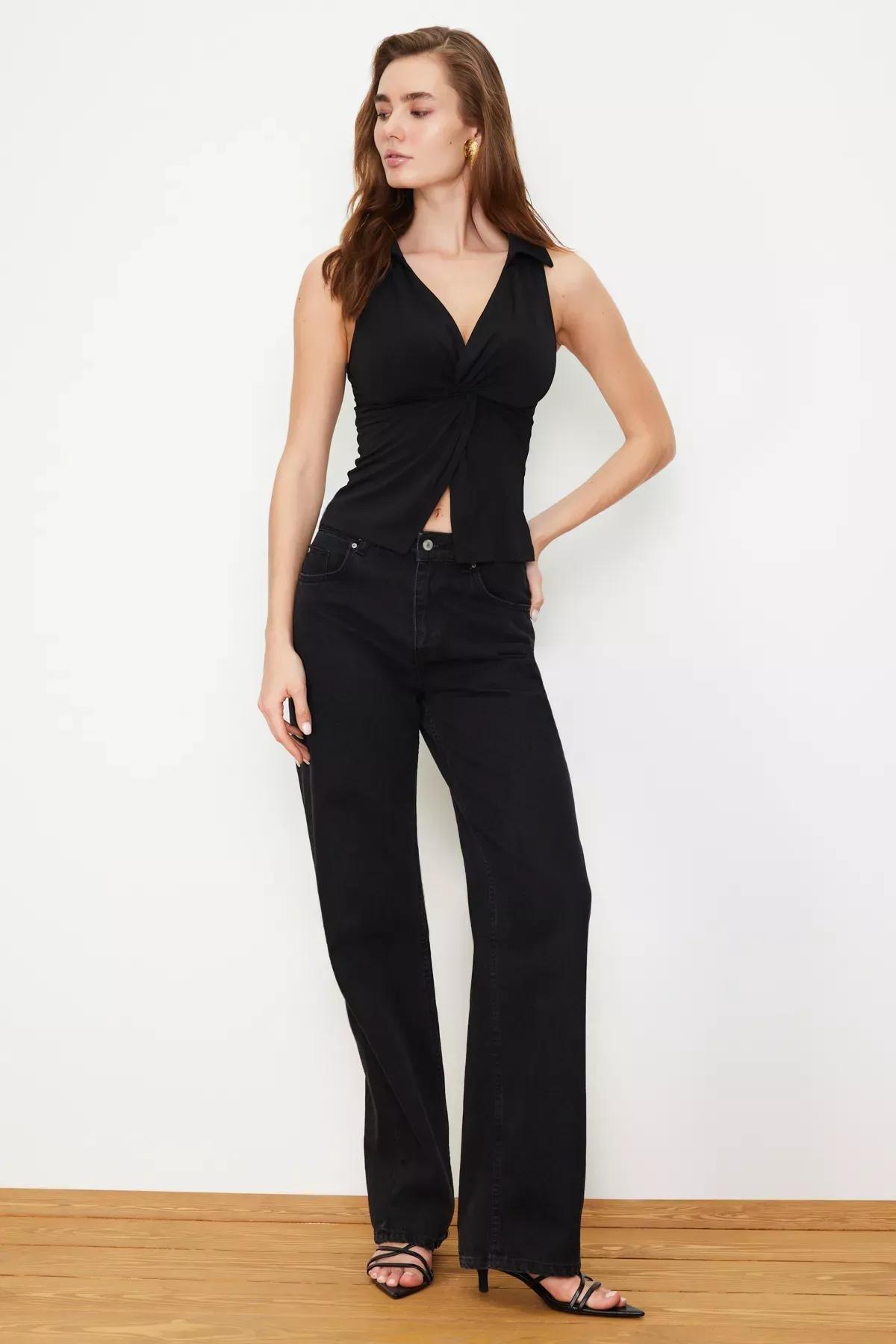 Black Polo Neck Knitted Blouse, BLACK, large image number 3