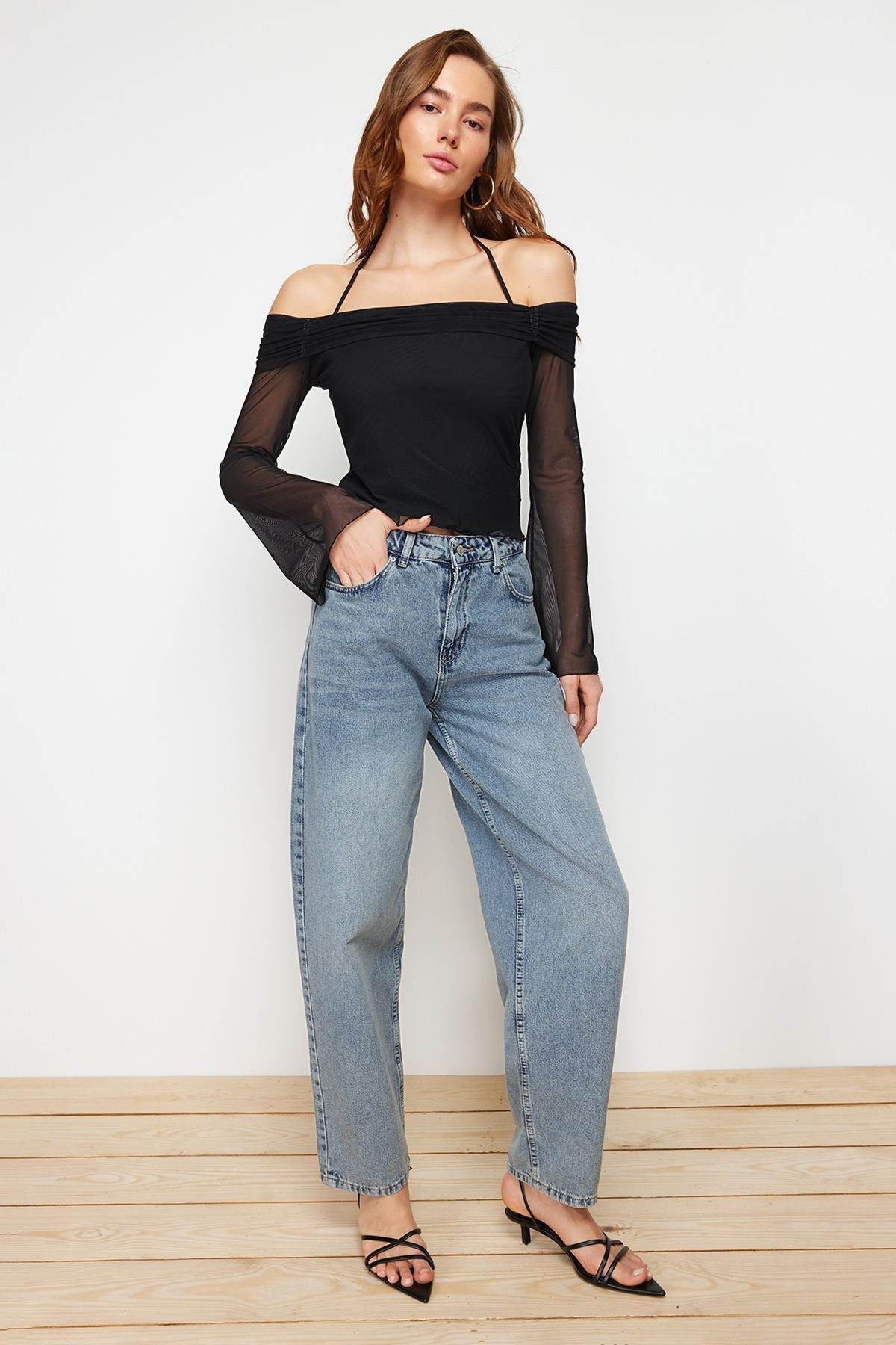 Black Flare Sleeve Detailed Knitted Blouse, , large image number 1