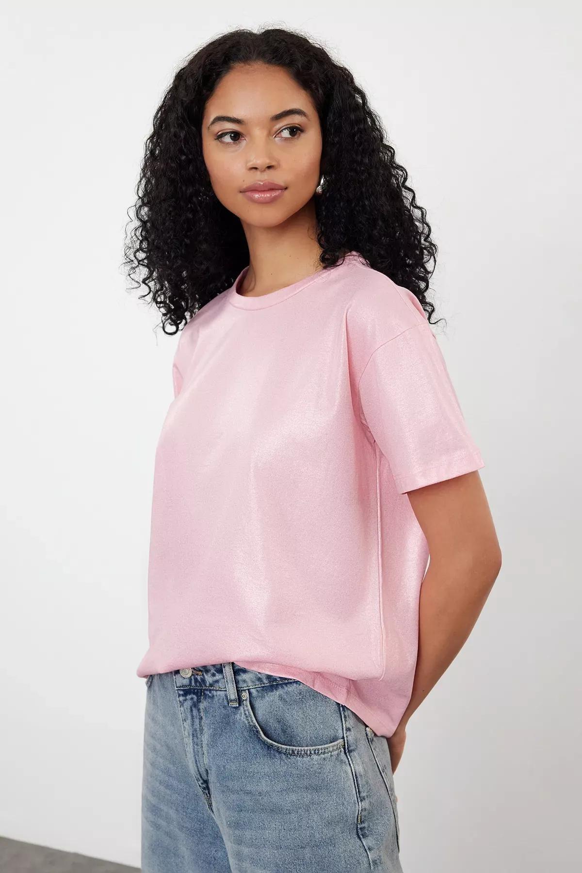 Pink Foil Printed Knit Blouse, Pink, large image number 1