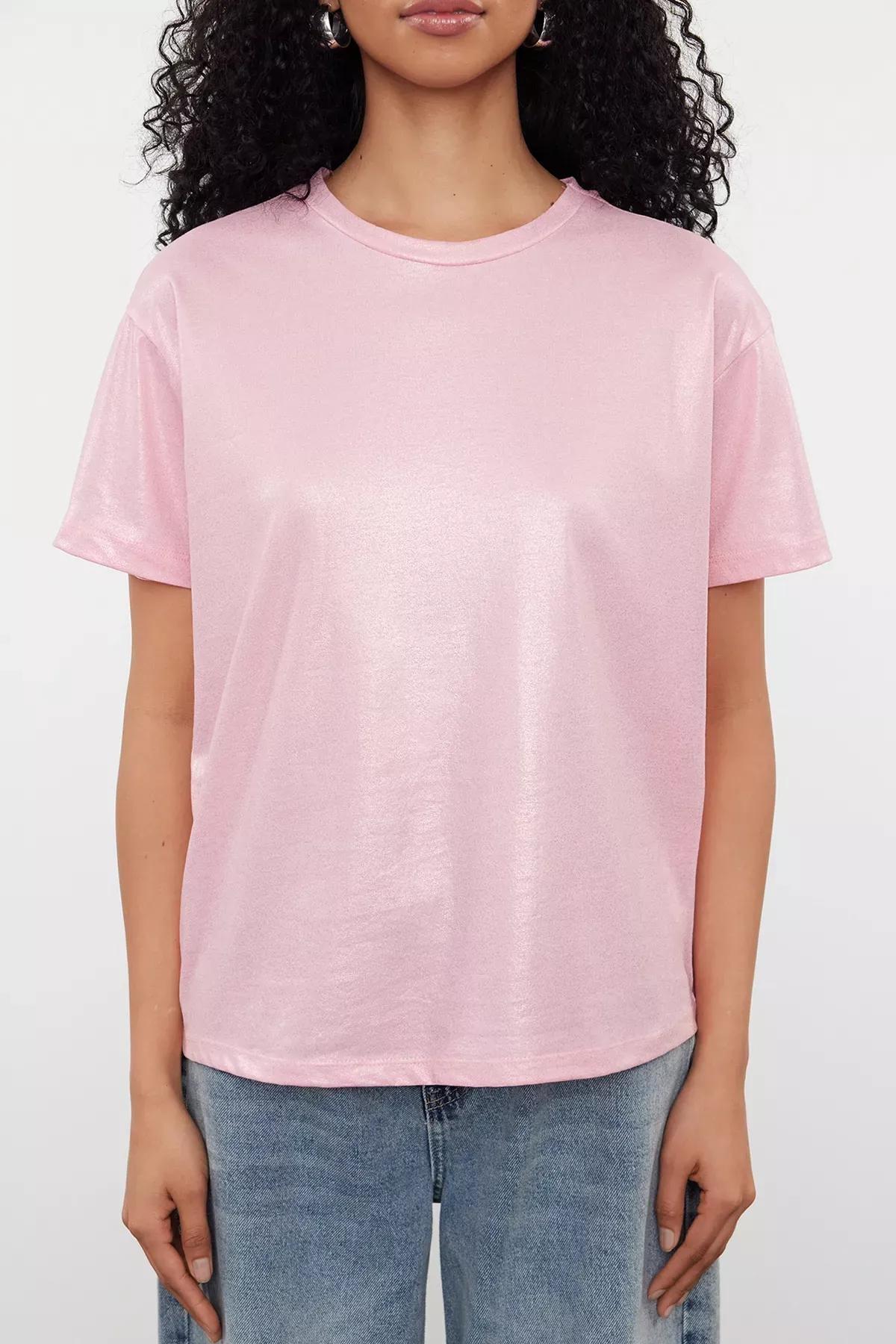 Pink Foil Printed Knit Blouse, Pink, large image number 2