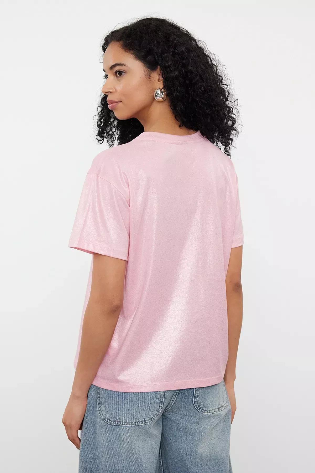 Pink Foil Printed Knit Blouse, Pink, large image number 4