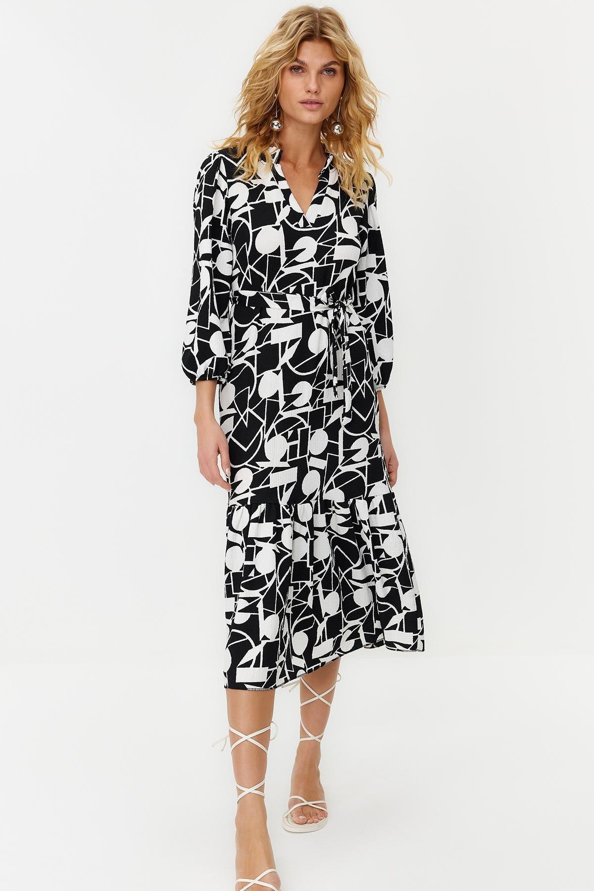 Black V-Neck Midi Length Knitted Dress, , large image number 0