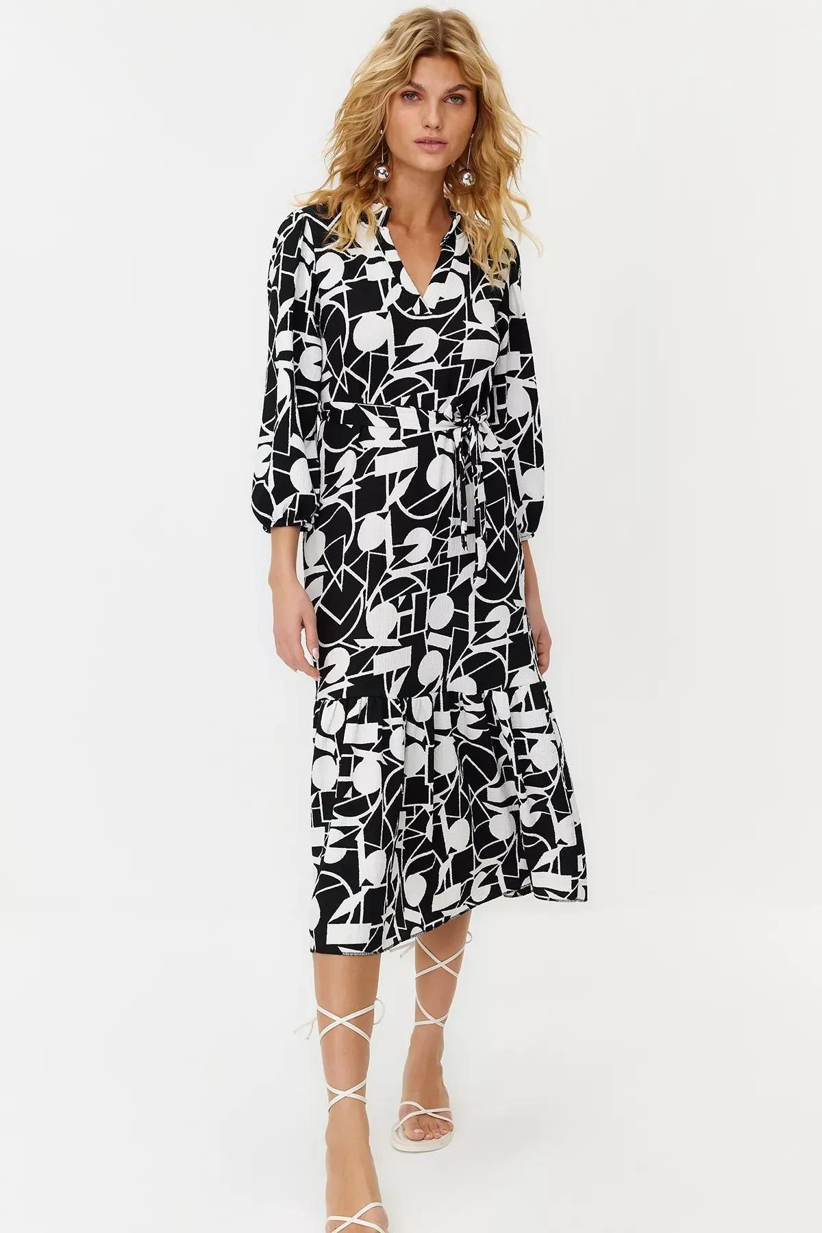 Black V-Neck Midi Length Knitted Dress, , medium