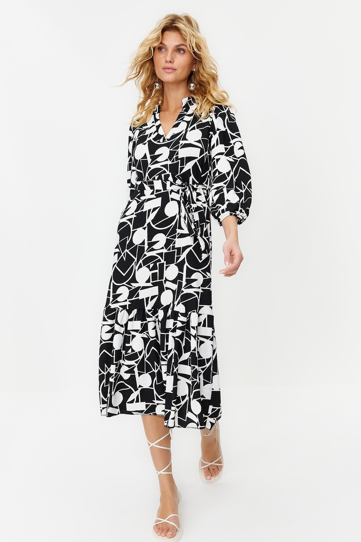 Black V-Neck Midi Length Knitted Dress, , large image number 1