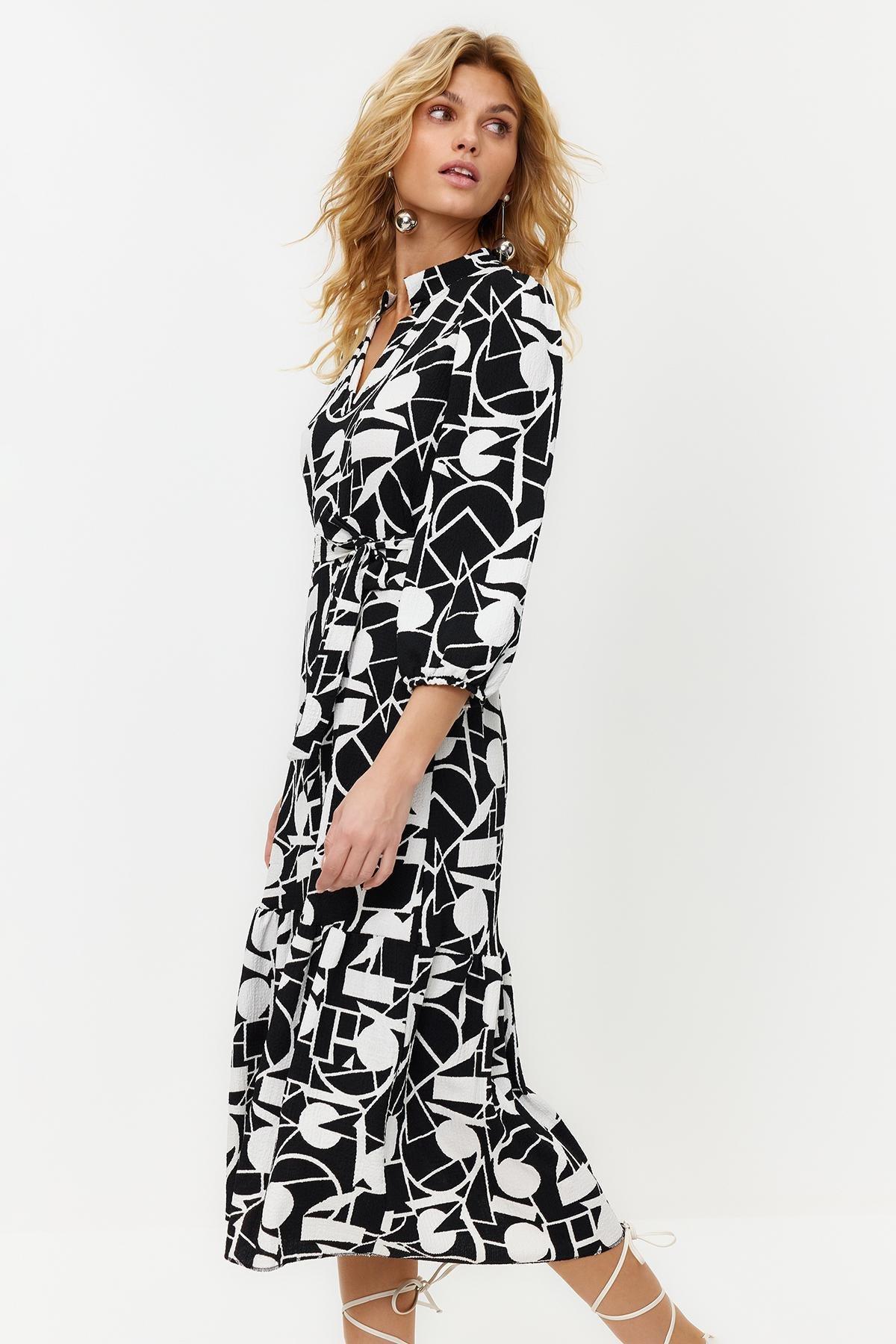 Black V-Neck Midi Length Knitted Dress, , large image number 2