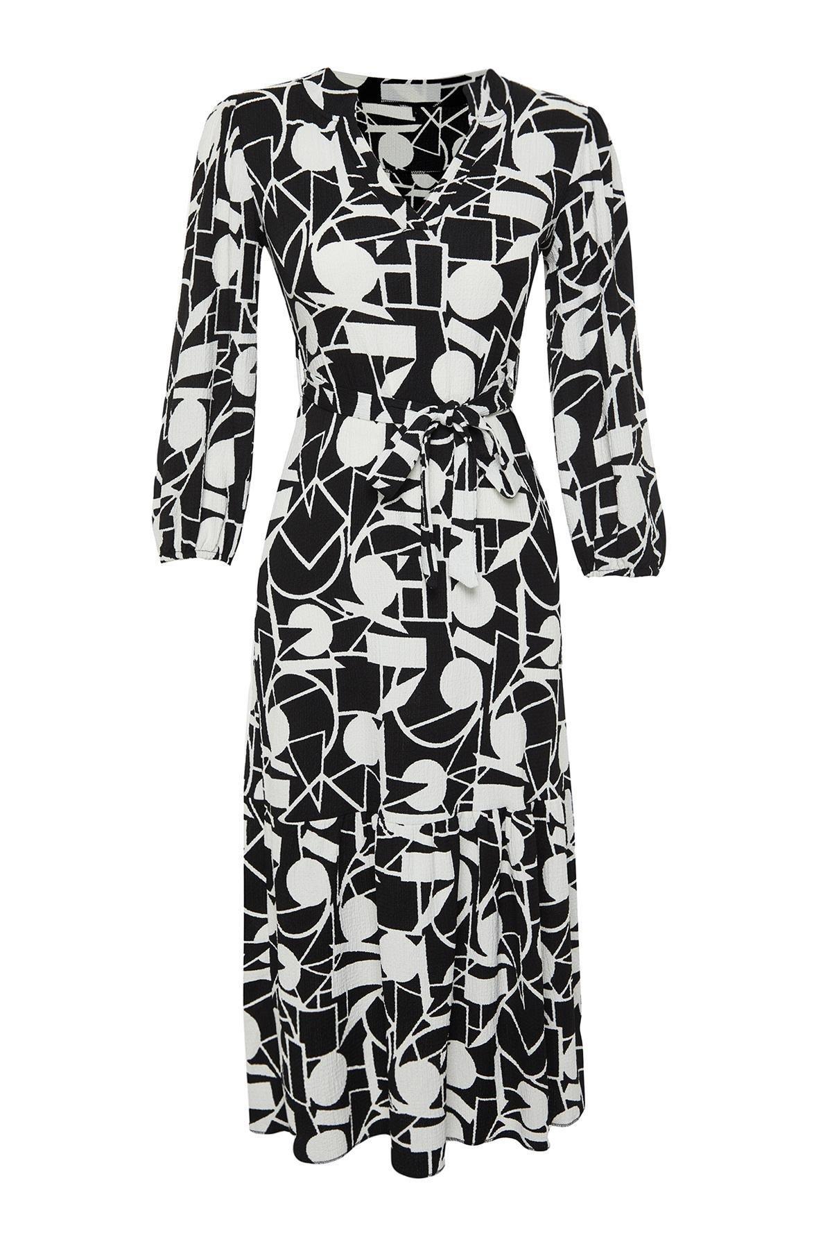 Black V-Neck Midi Length Knitted Dress, , large image number 5