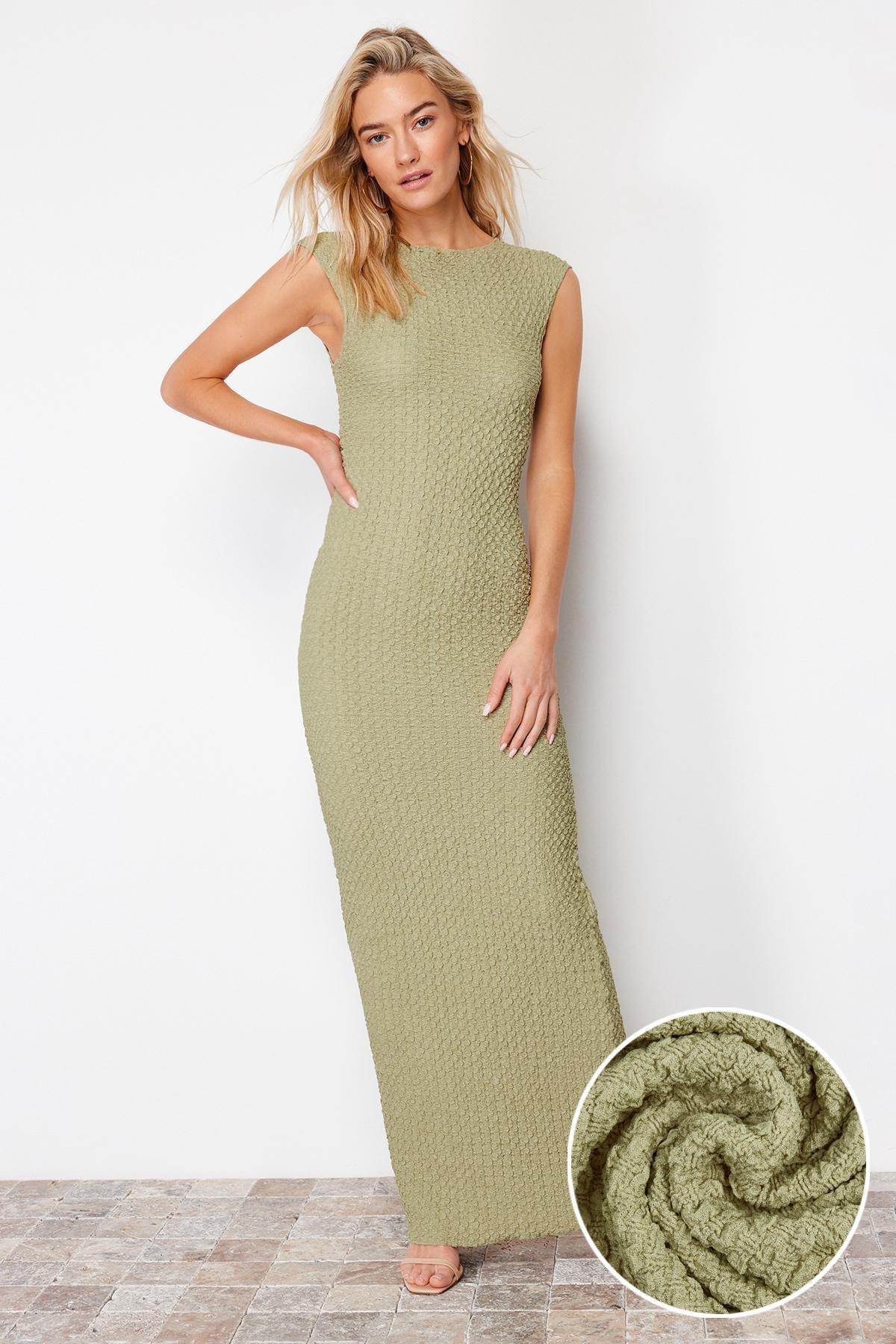 Khaki Textured Knitted Midi Dress, , large image number 0