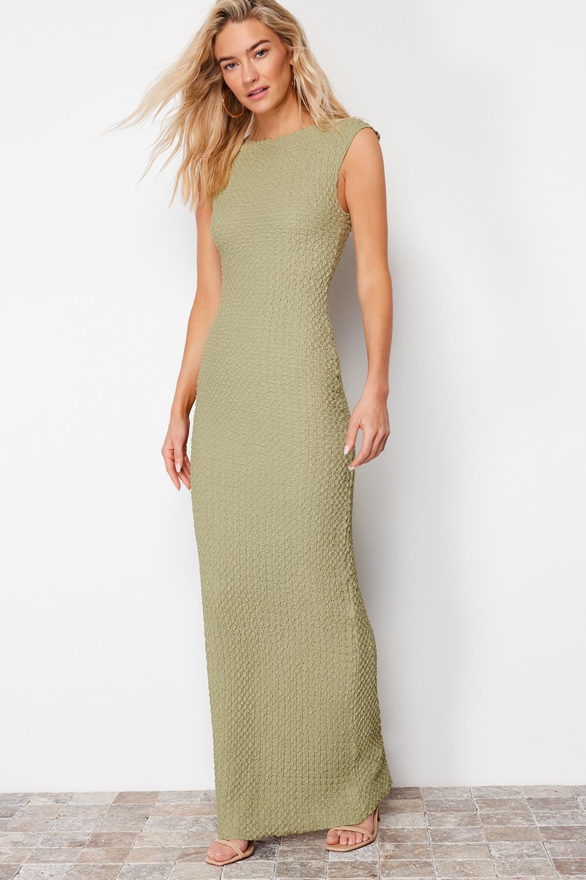 Khaki Textured Knitted Midi Dress, , large image number 1