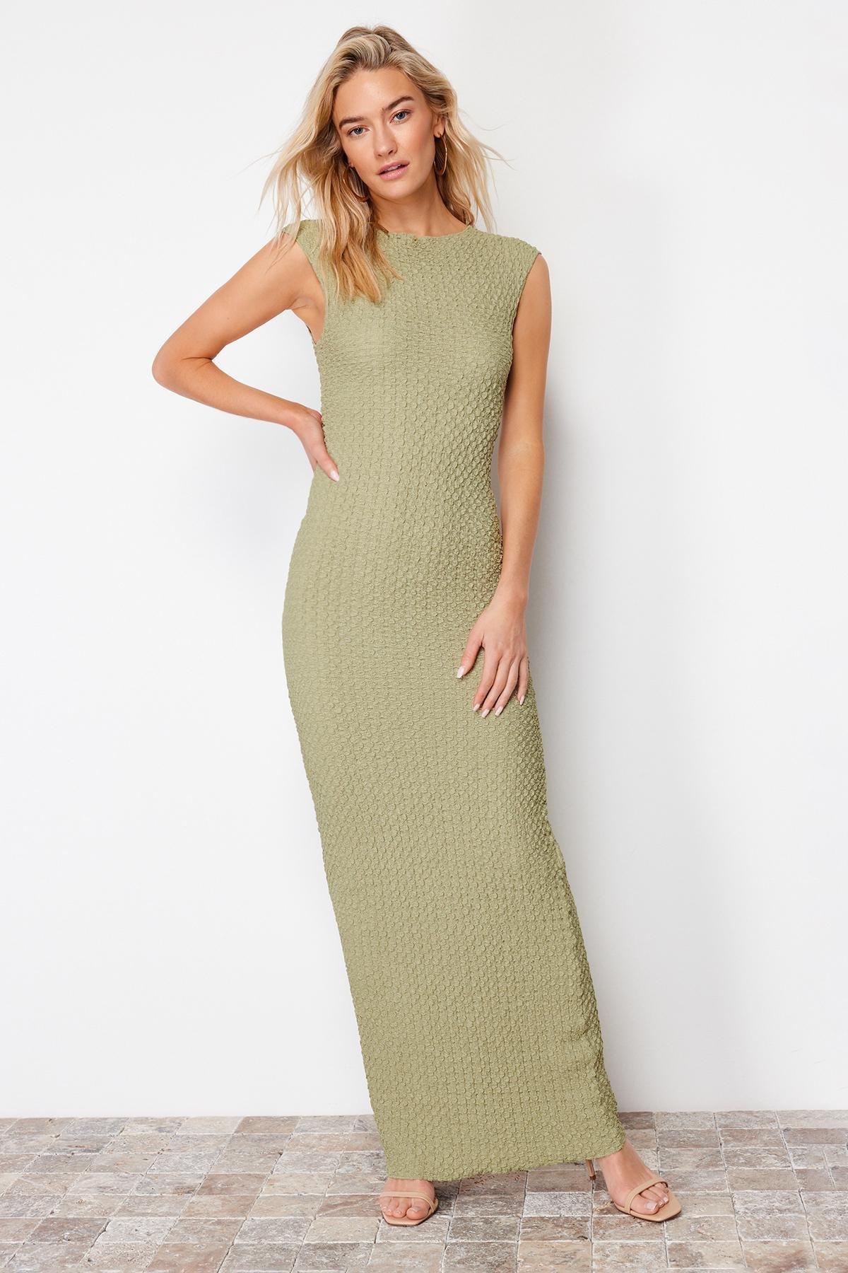 Khaki Textured Knitted Midi Dress, , large image number 2