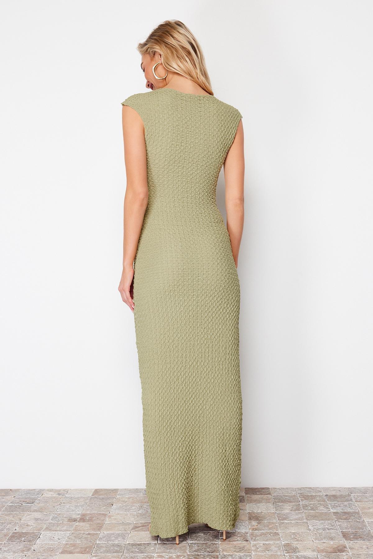 Khaki Textured Knitted Midi Dress, , large image number 5