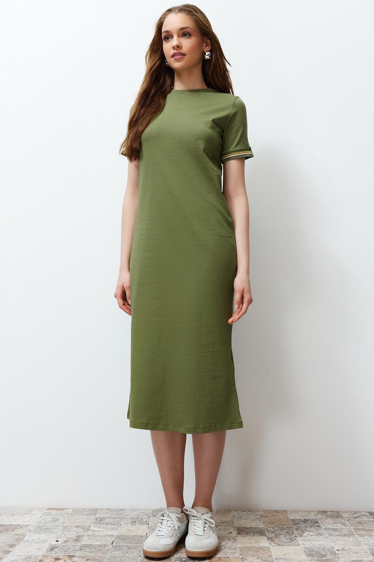 Khaki Ribbed Sheath Midi Dress, , large image number 0