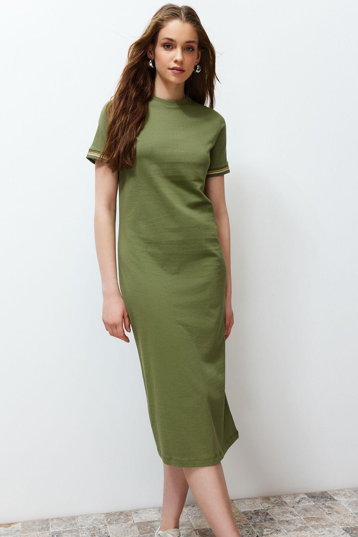Khaki Ribbed Sheath Midi Dress, , large image number 1