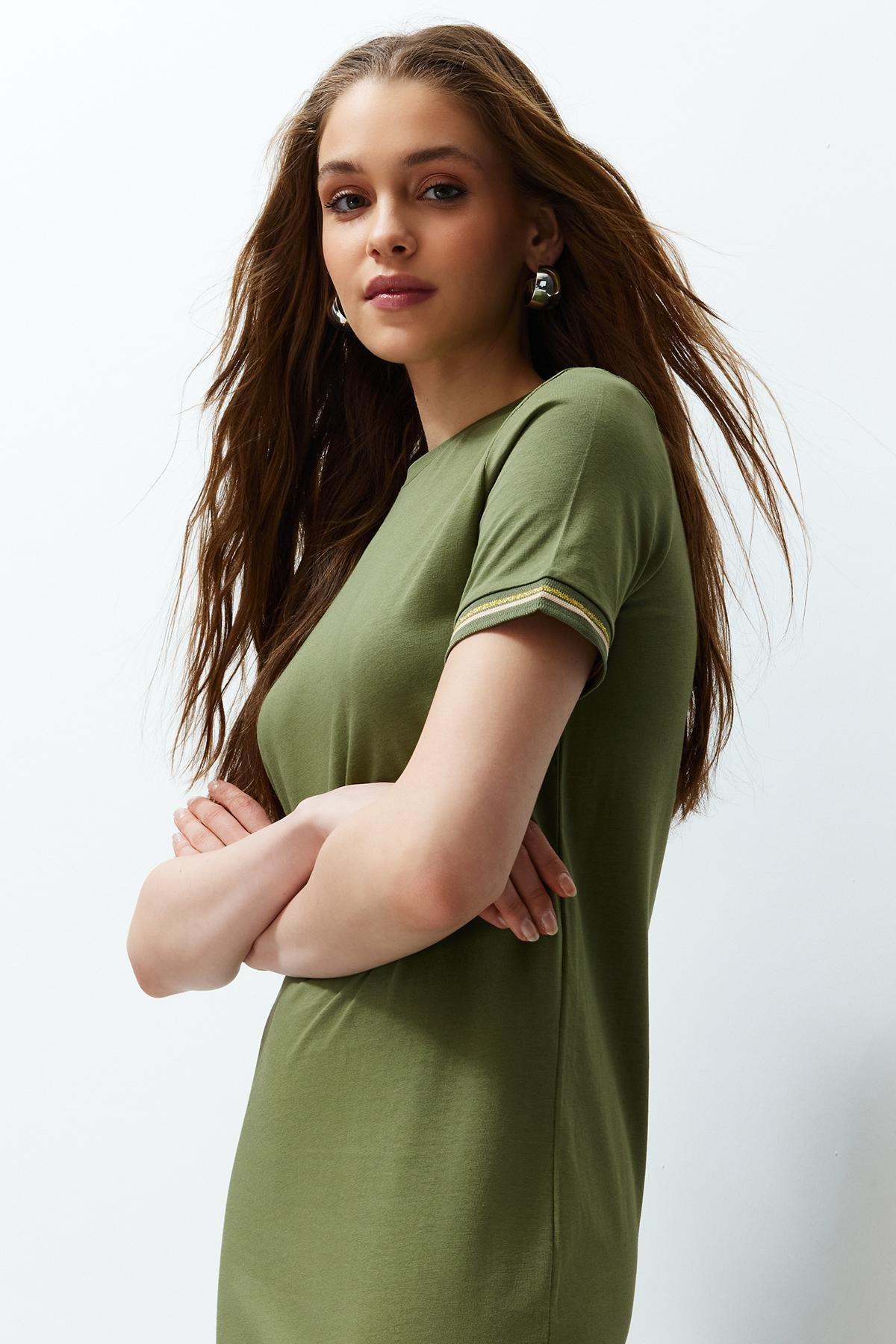 Khaki Ribbed Sheath Midi Dress, , large image number 2