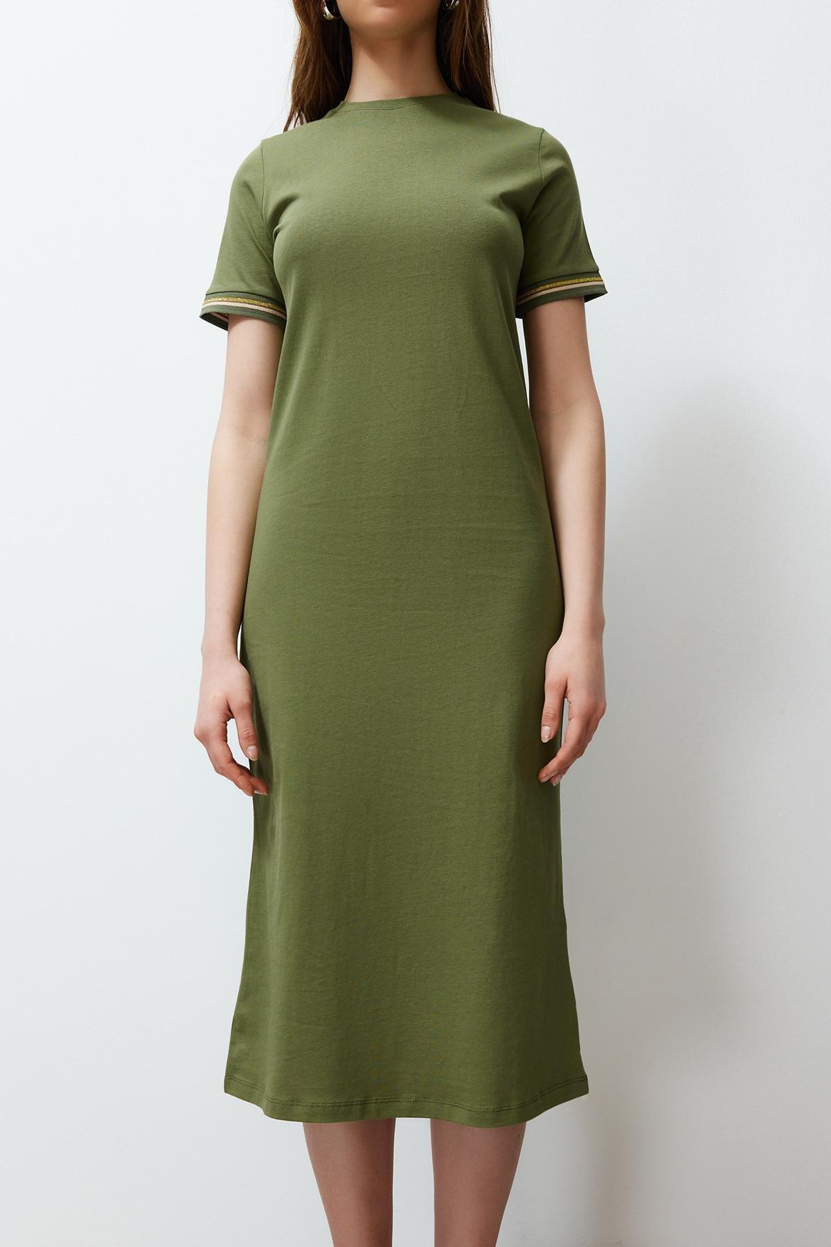 Khaki Ribbed Sheath Midi Dress, , large image number 3