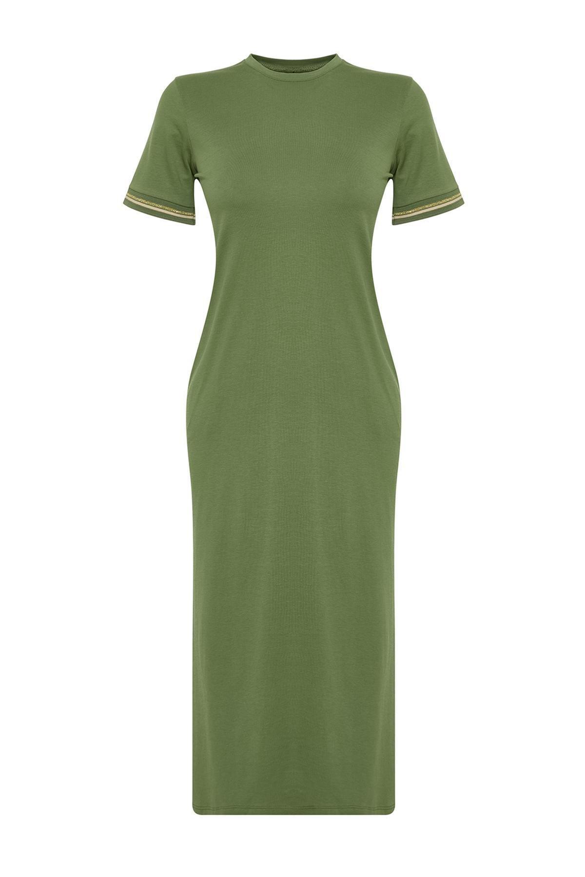 Khaki Ribbed Sheath Midi Dress, , large image number 5