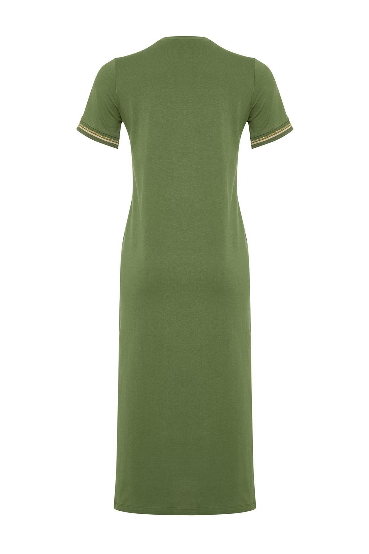 Khaki Ribbed Sheath Midi Dress, , large image number 6