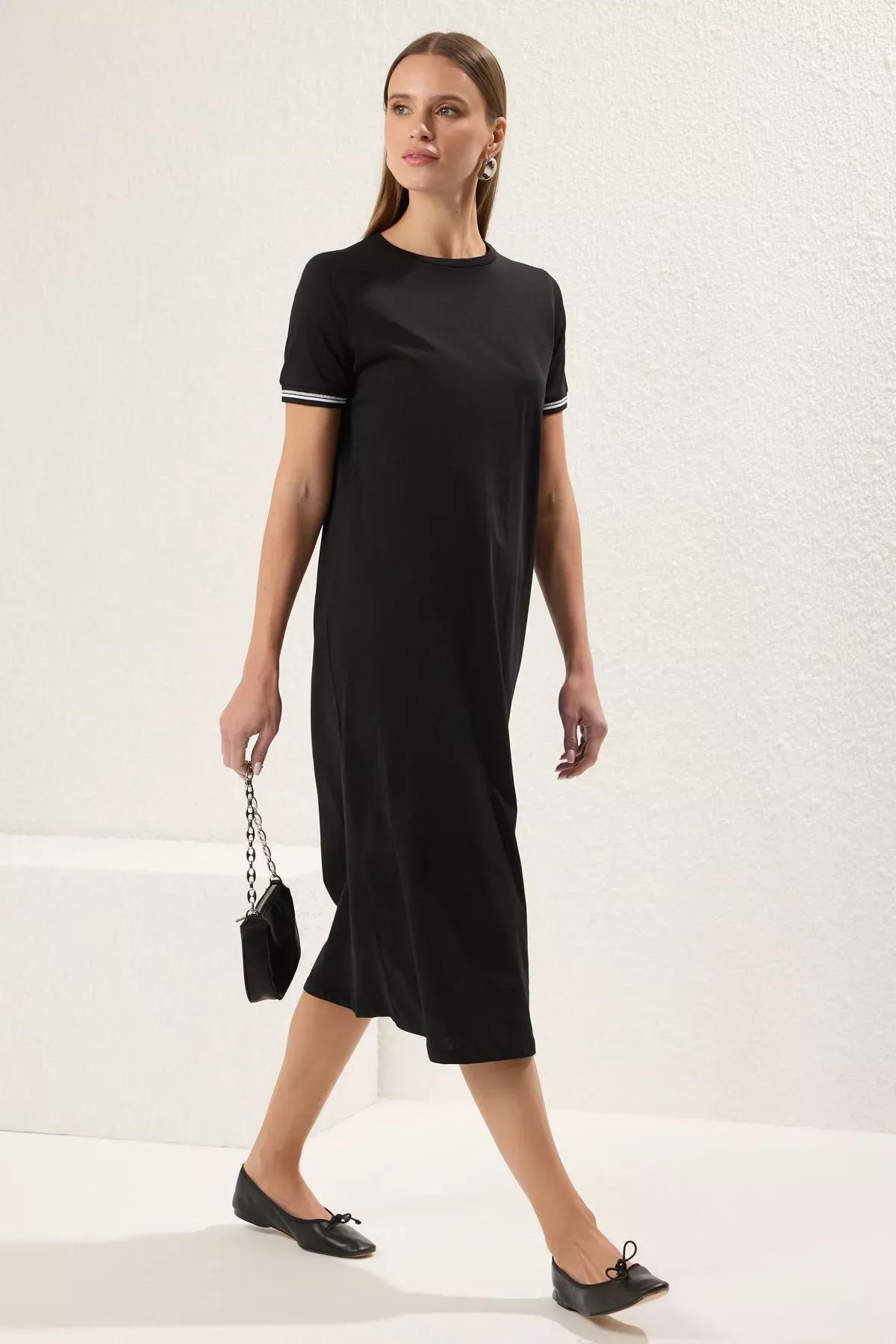 Black Tape Detail Crew Neck Knitted Dress, , large image number 0