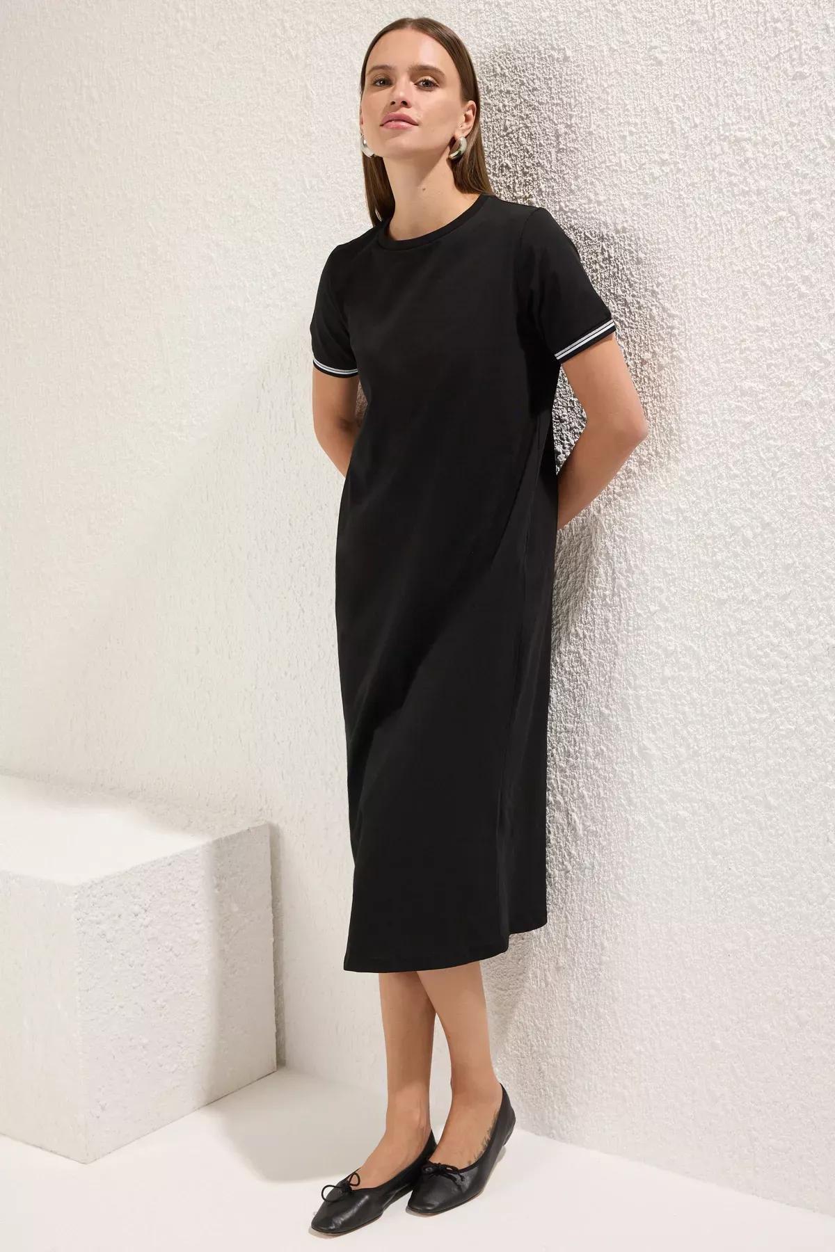 Black Tape Detail Crew Neck Knitted Dress, , large image number 1